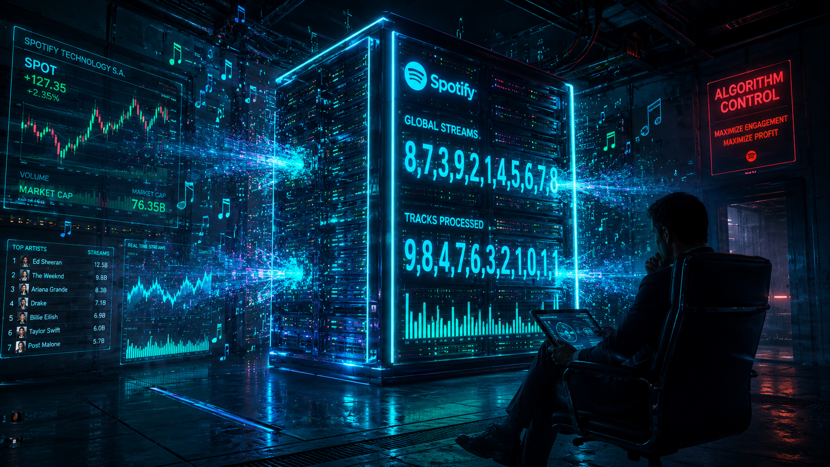 A cyberpunk-inspired illustration of a massive, glowing server rack crunching digital music data.