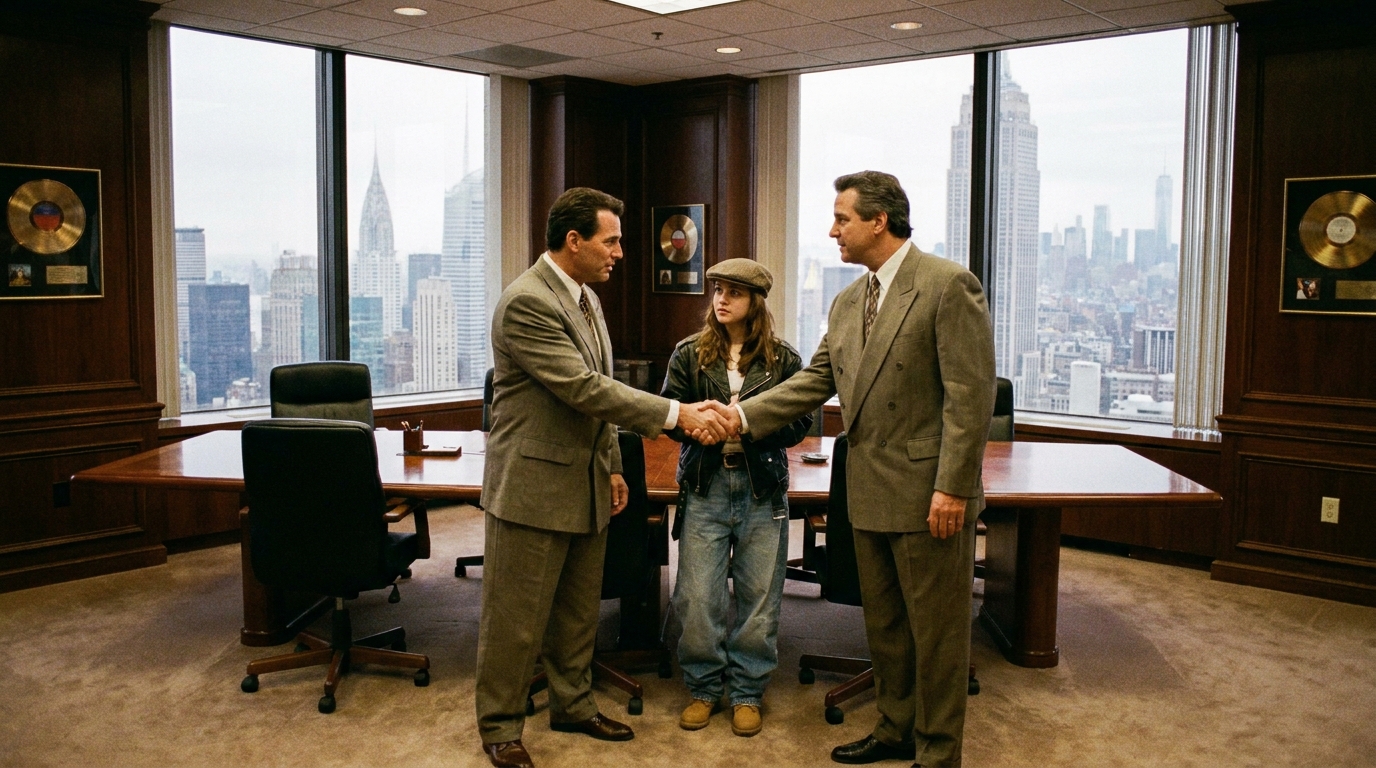 A nostalgic, 35mm film photograph aesthetic of two music executives shaking hands with a young R&B singer in a New York City boardroom.