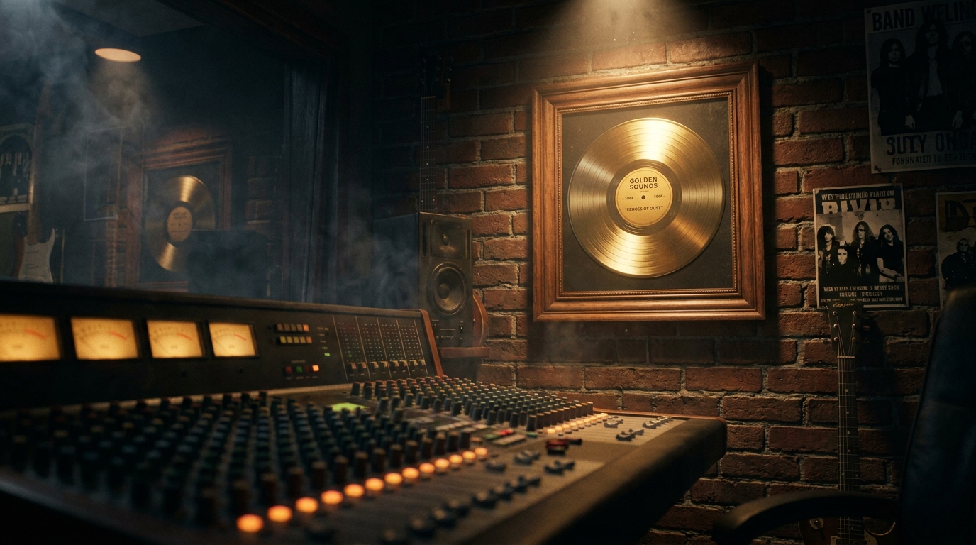 A cinematic, hyper-realistic portrait of a vintage gold record framed on a brick wall in a dark, moody 1990s recording studio.