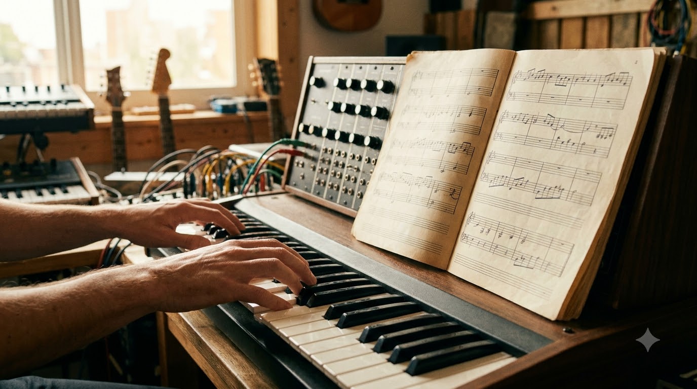 Hands playing synthesizer