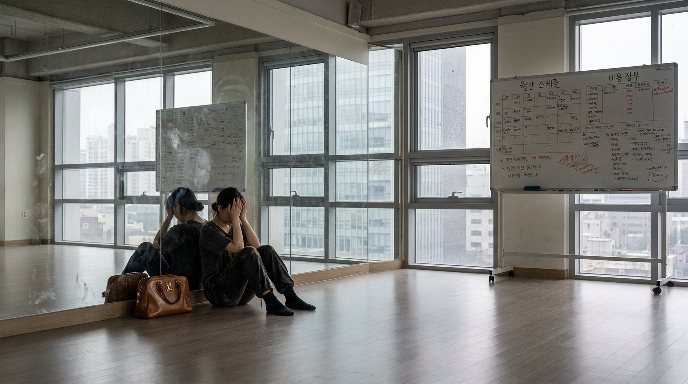 A stark, realistic photograph of a sterile, brightly lit dance practice room in a corporate high-rise in Seoul, with an exhausted dancer holding a designer bag.
