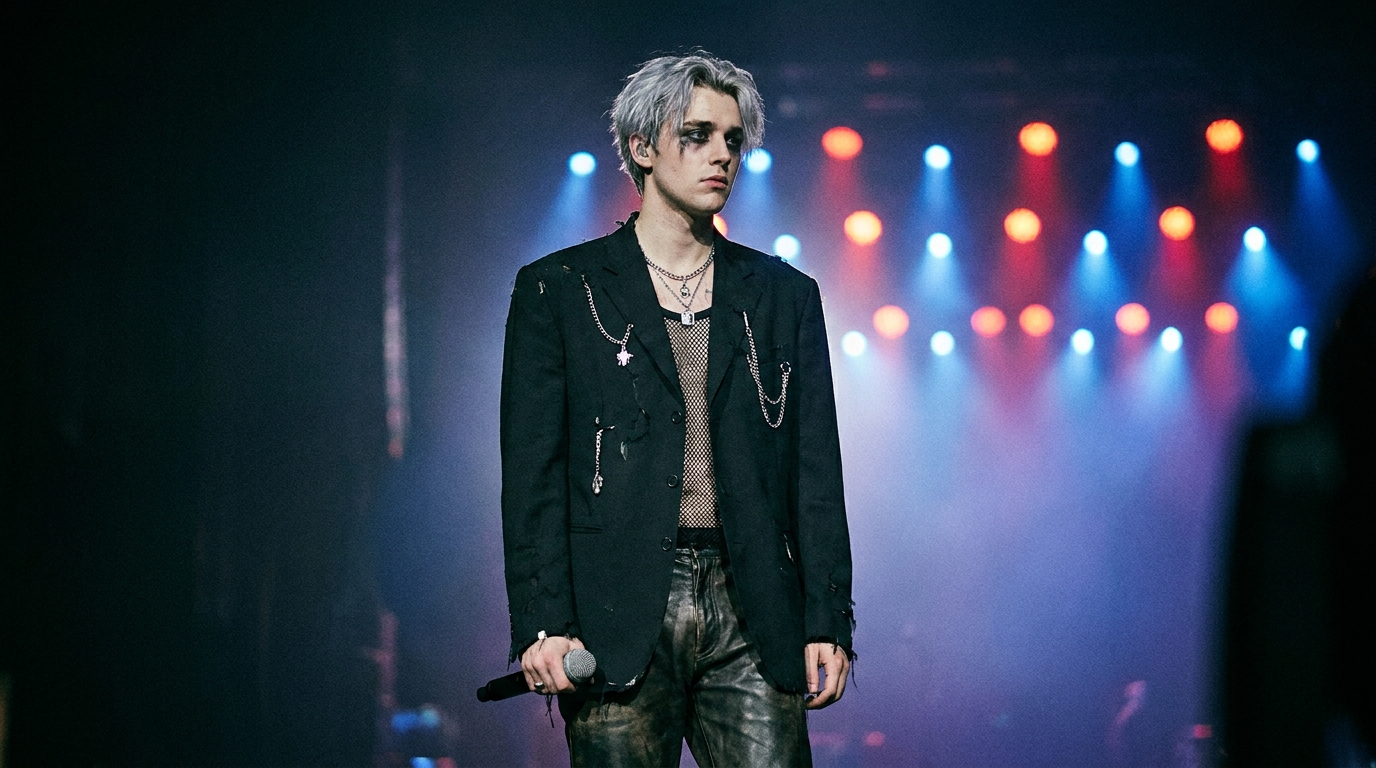 k pop demon hunters costume male model wearing demonic luxury boy band outfit