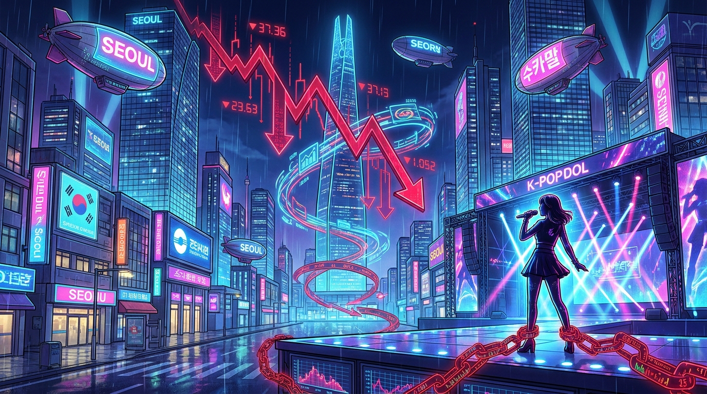 A cinematic, highly detailed illustration of a vibrant, neon-lit Seoul skyline intersecting with a sharp, downward-trending red stock market graph.