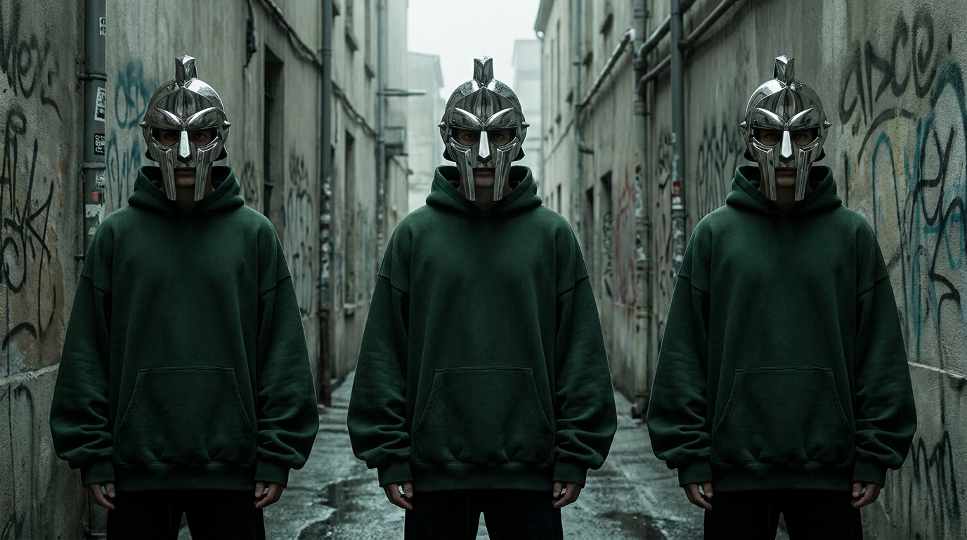 A surreal, high-fashion editorial shot of three identical figures standing in a concrete alleyway, all wearing identical masks