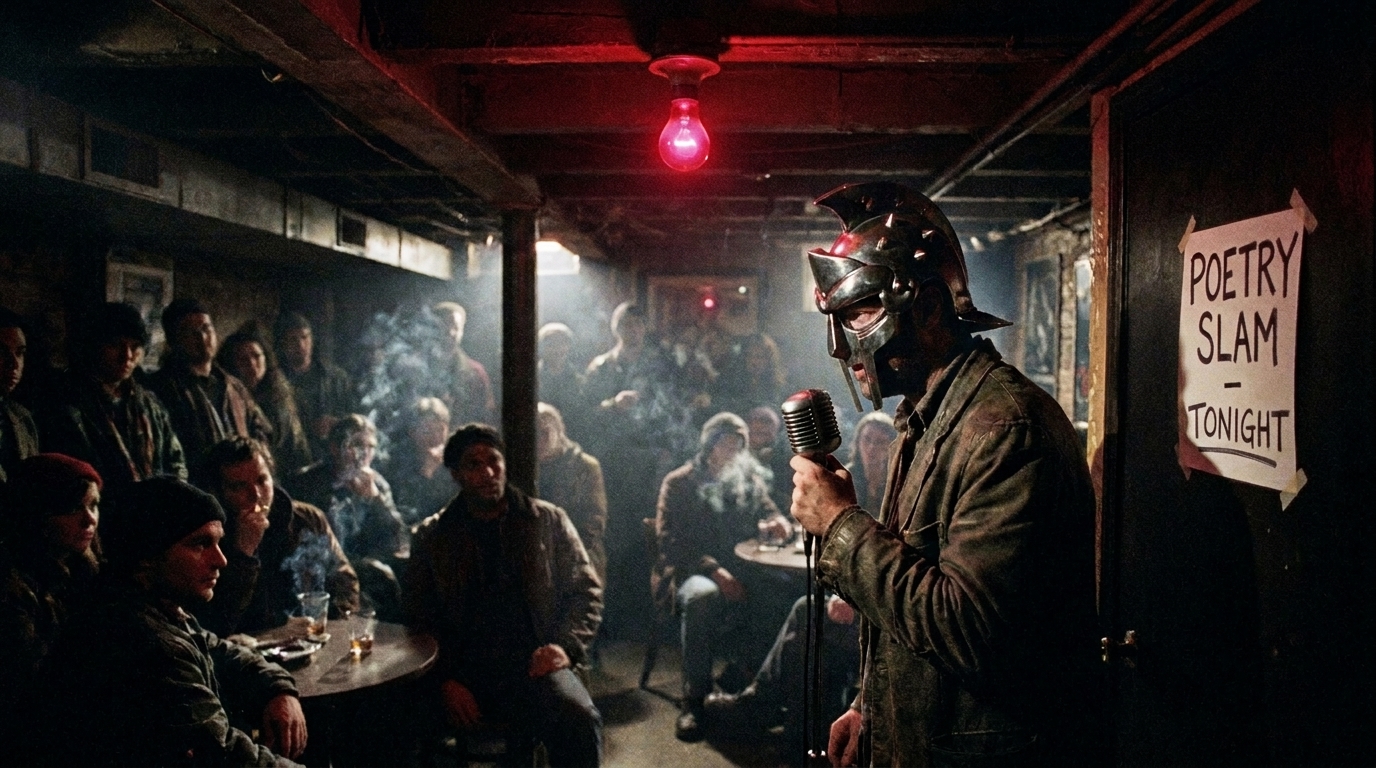 A moody, atmospheric shot inside a dark, crowded underground poetry cafe