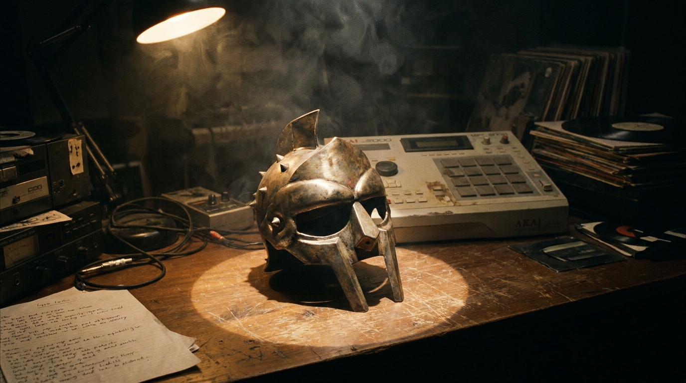 A battered metal gladiator mask resting on a desk in a dimly lit 90s hip-hop studio