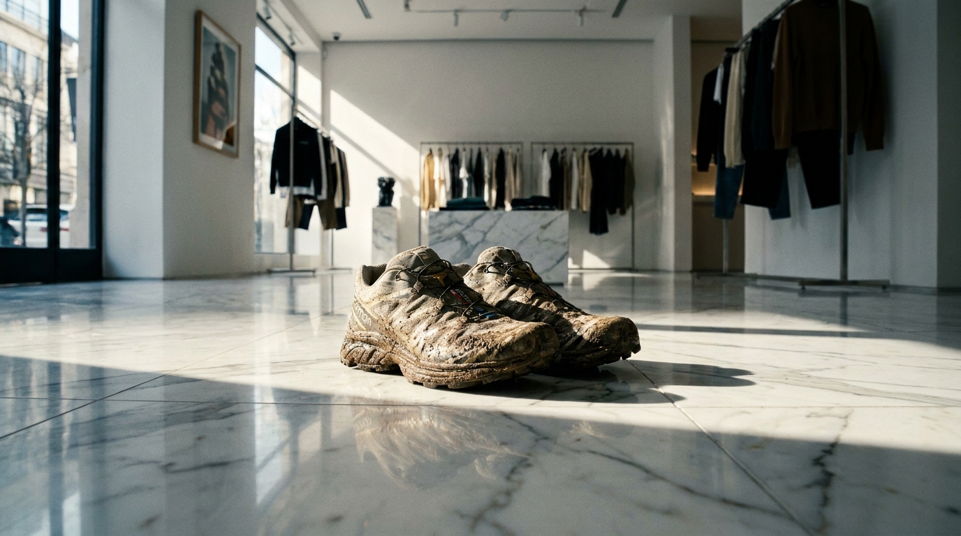 A pair of highly technical, mud-splattered trail running shoes resting on a pristine marble floor.