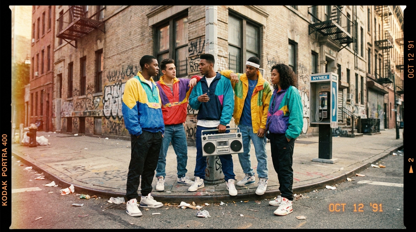 A nostalgic, 35mm film photograph aesthetic of a young hip-hop group from 1991