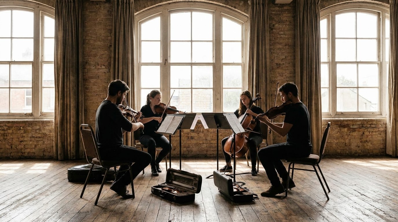 string ensemble rehearsing in hall