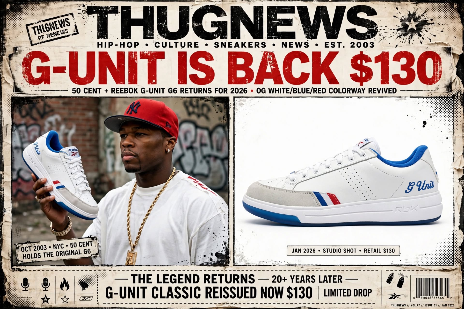 50 Cent holding Reebok G-Unit G6 White Blue Red OG 2026 return