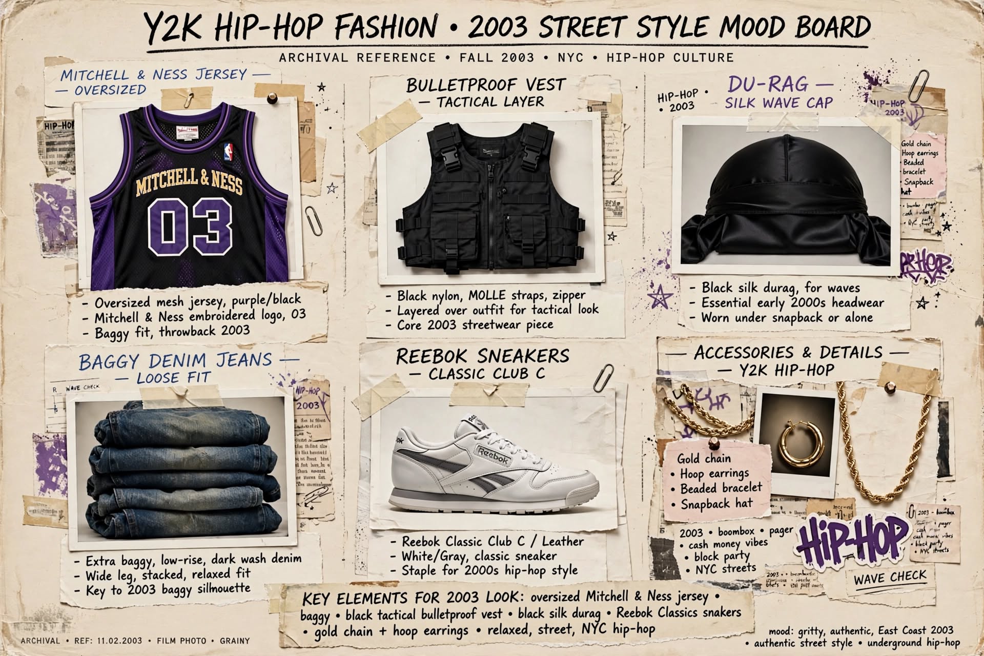 Y2K hip-hop fashion 2003 mood board jersey baggy jeans durag